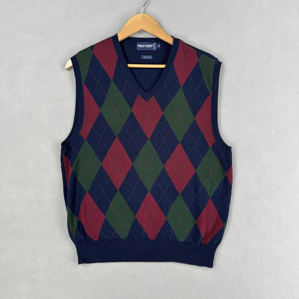 Polo Golf Ralph Lauren Sweater Vest Mens Medium Multicolor Argyle Cotton V Neck
